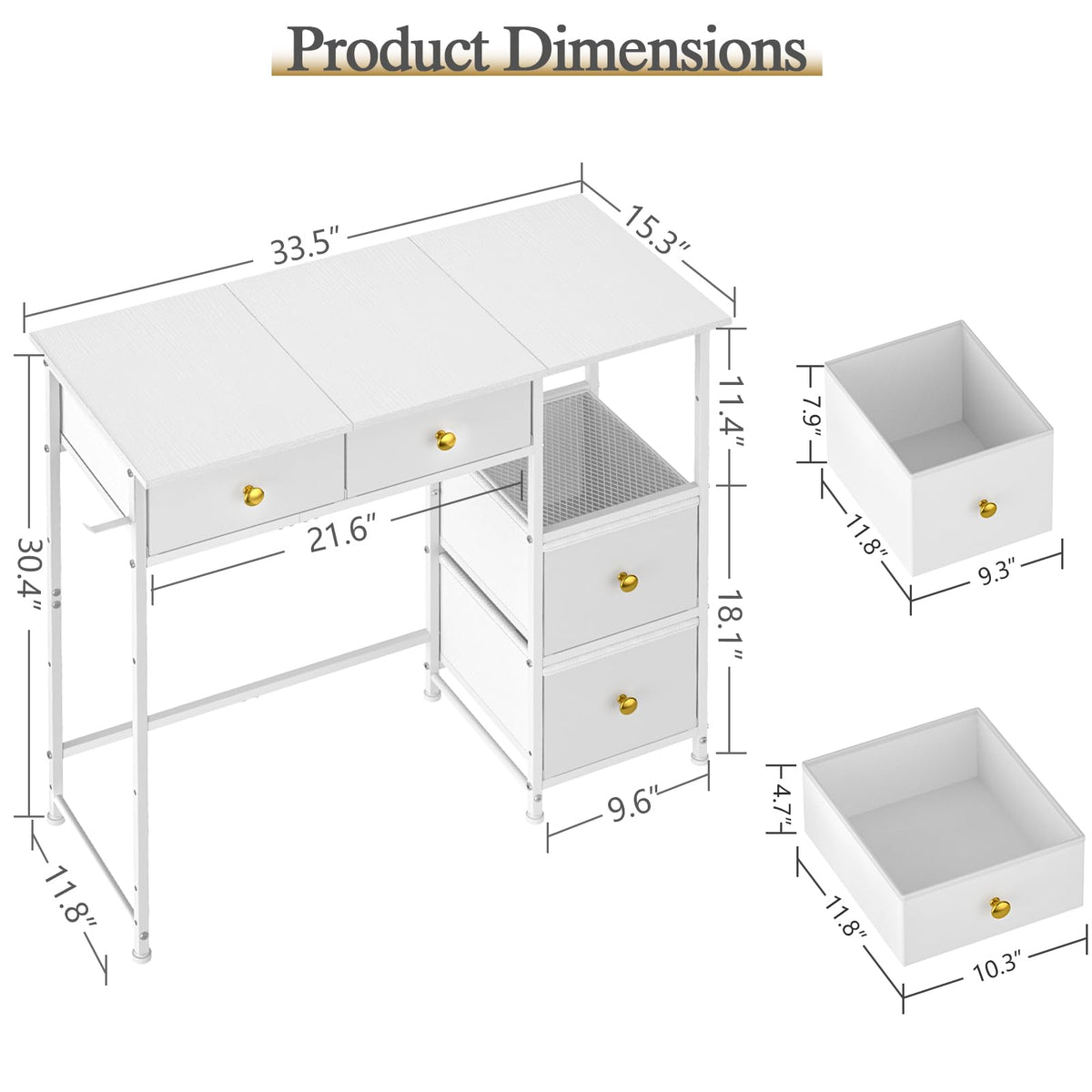 DNZ006BAI Small Computer Desk with 4 Fabric Drawers 85.1cm White