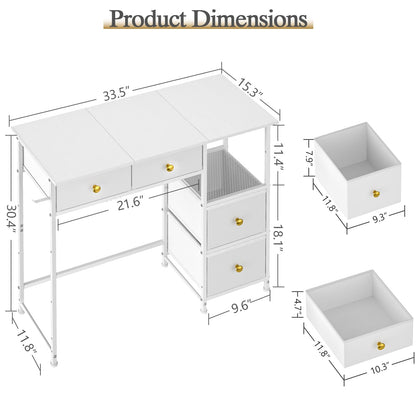 DNZ006BAI Small Computer Desk with 4 Fabric Drawers 85.1cm White