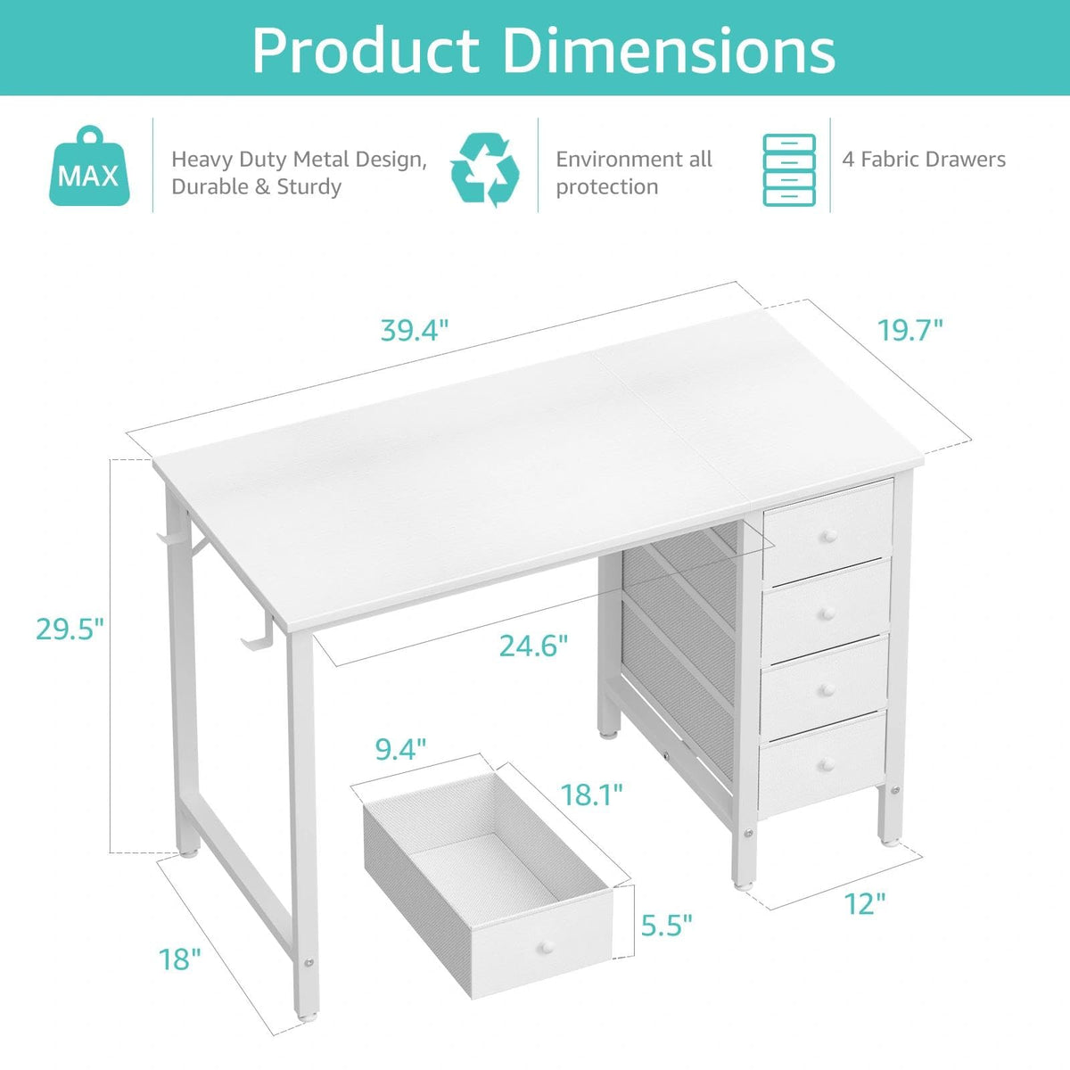 Lufeiya Computer Writing Desk 4 Fabric Drawers 100cm Warm White