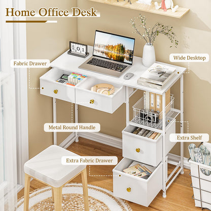 DNZ006BAI Small Computer Desk with 4 Fabric Drawers 85.1cm White