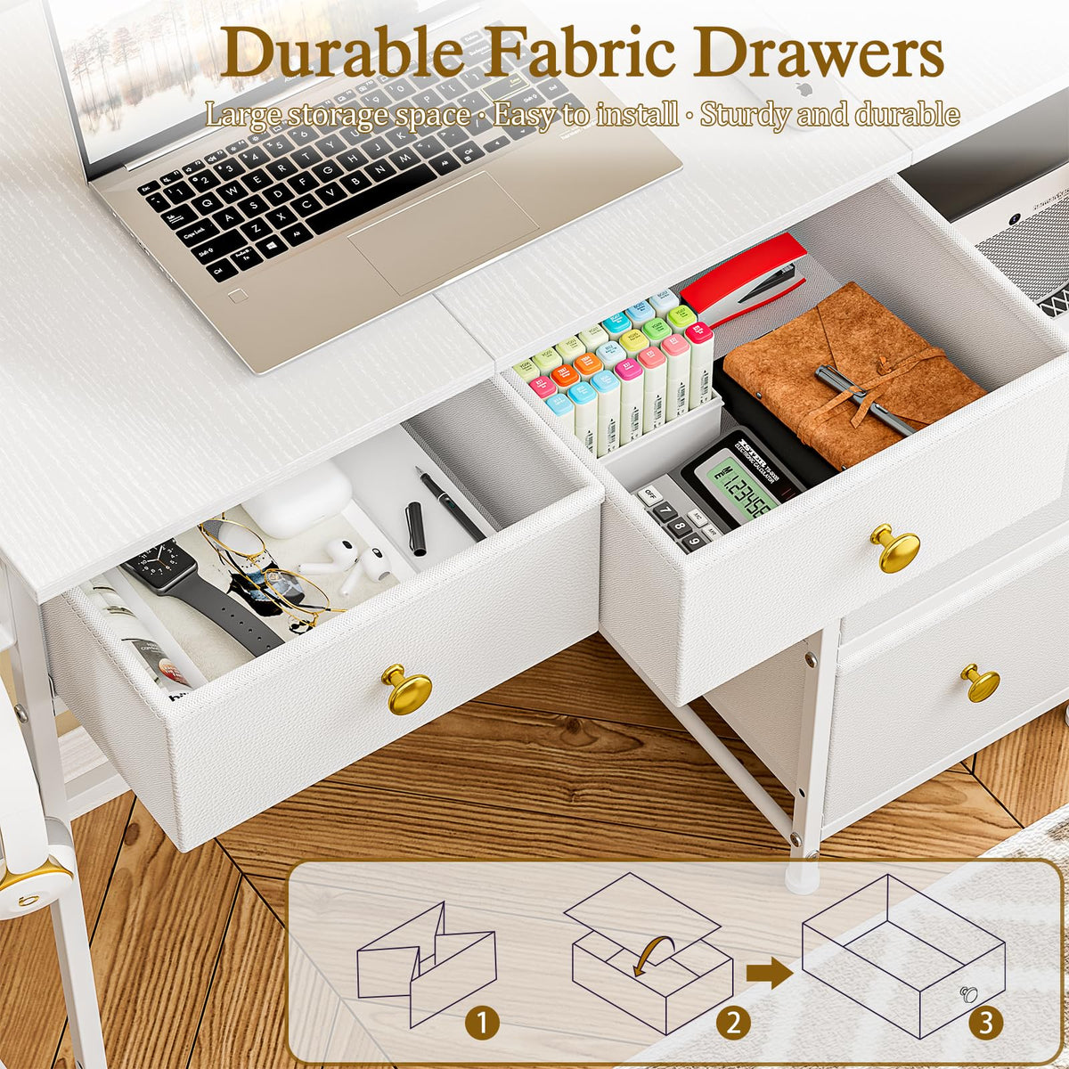 DNZ006BAI Small Computer Desk with 4 Fabric Drawers 85.1cm White