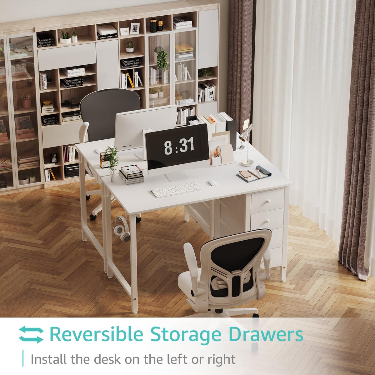 Lufeiya Computer Writing Desk 4 Fabric Drawers 100cm Warm White