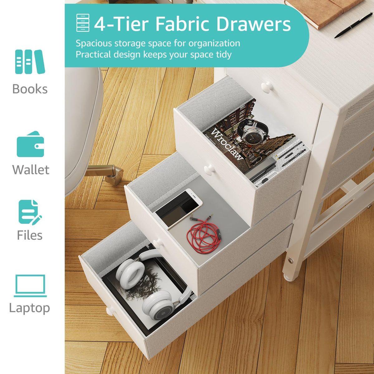 Lufeiya Computer Writing Desk 4 Fabric Drawers 100cm Warm White