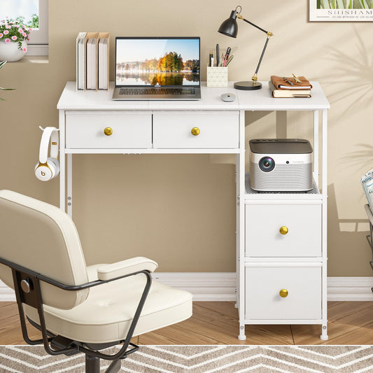 DNZ006BAI Small Computer Desk with 4 Fabric Drawers 85.1cm White