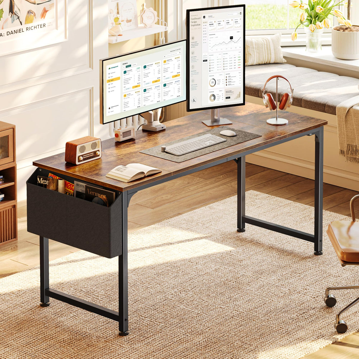 Computer Desk with Fabric Storage Bag 140cm Rustic Brown