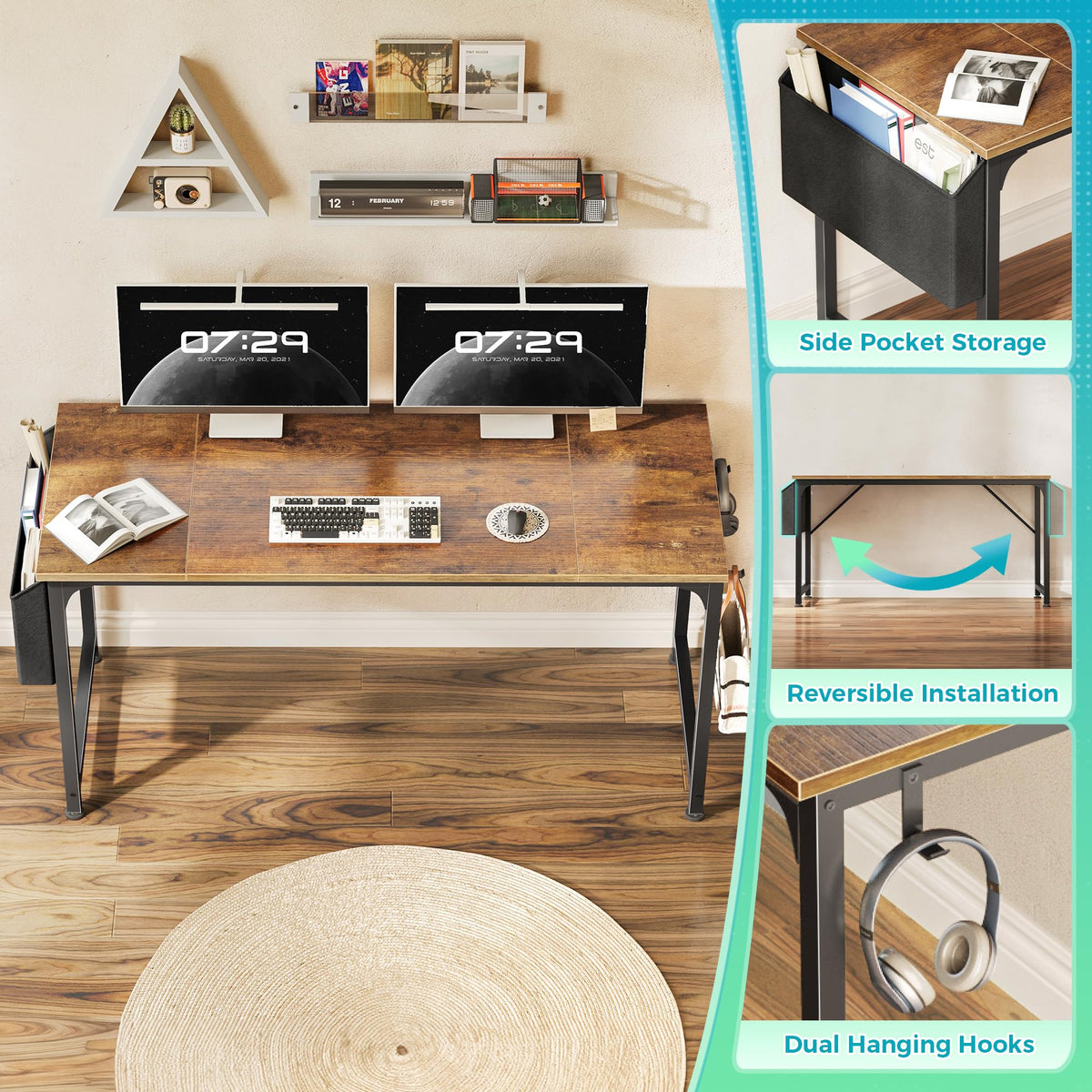 Computer Desk with Fabric Storage Bag 140cm Rustic Brown